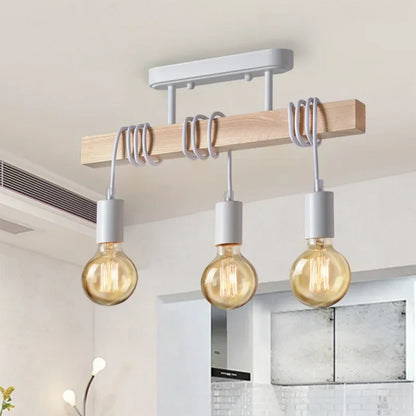 Plafonnier en bois 3 têtes lumineuses vintage