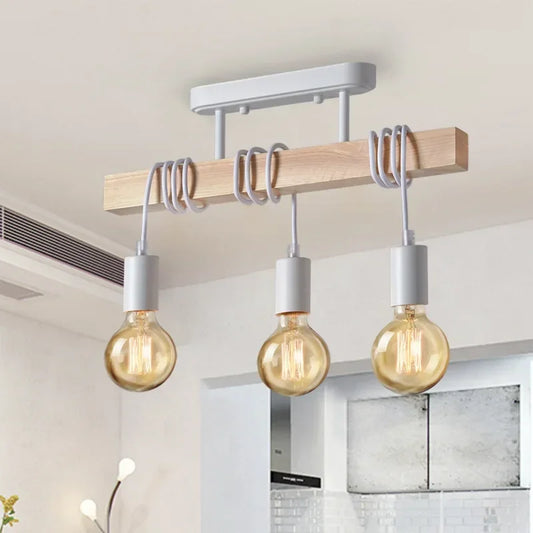 Plafonnier en bois 3 têtes lumineuses vintage