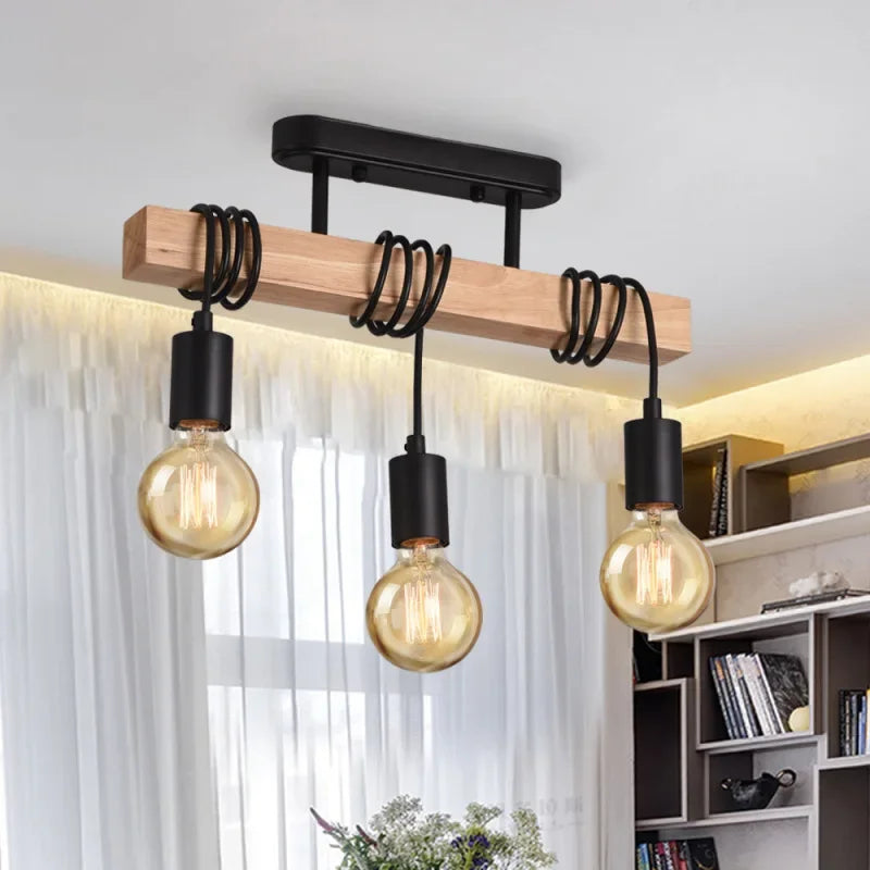 Plafonnier en bois 3 têtes lumineuses vintage