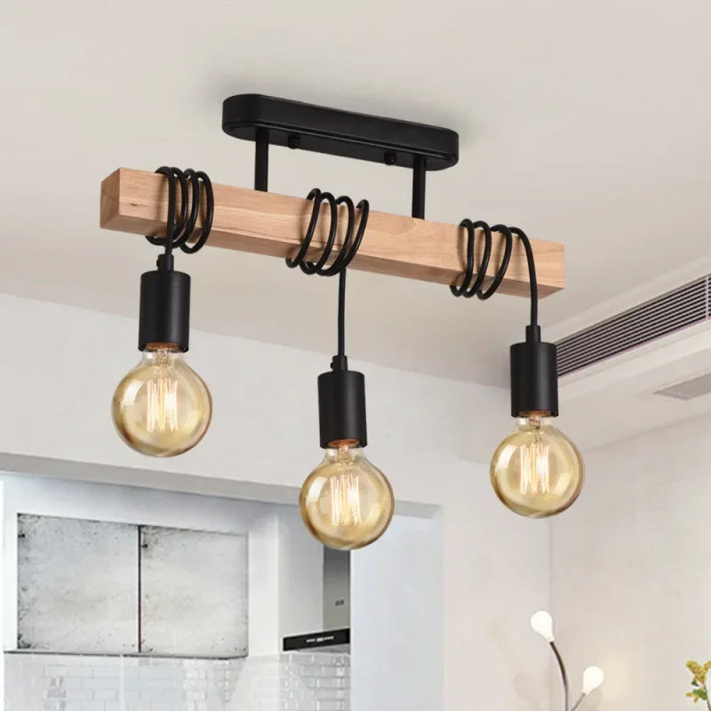 Plafonnier en bois 3 têtes lumineuses vintage